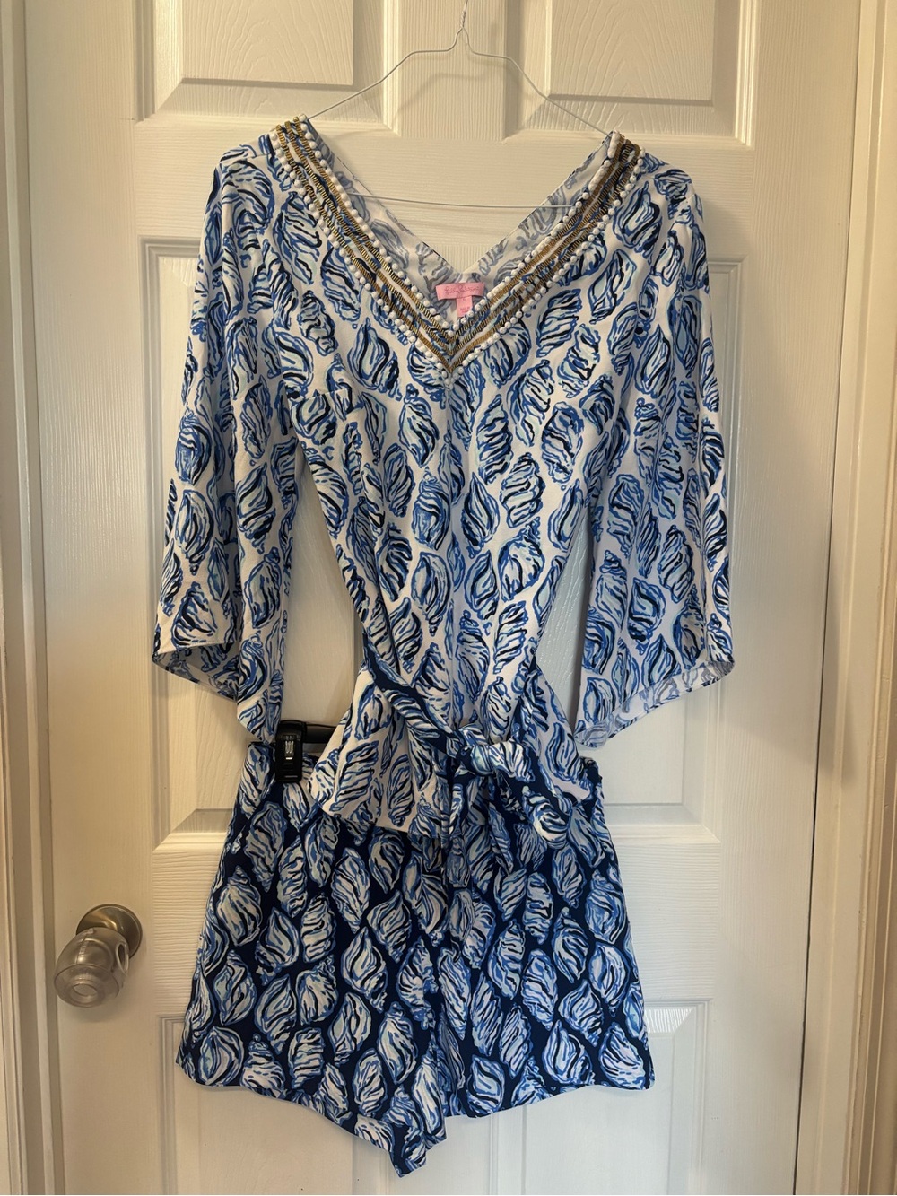 Lilly Pulitzer Shell Blue & White Printed Beaded Trim V-Neck Top & Short Set